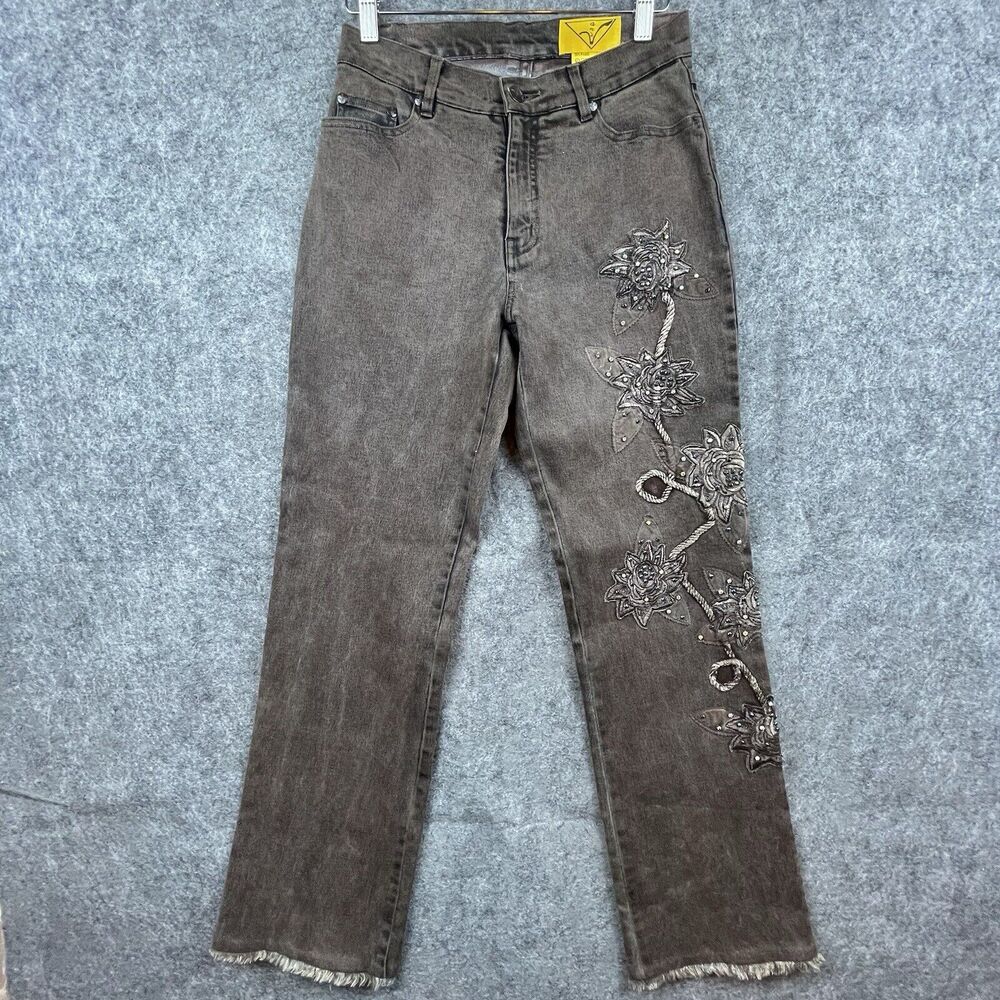 Vintage Anev Jeans Womens 2 Brown Y2K Embellished Embroidered Rhinestone Studded